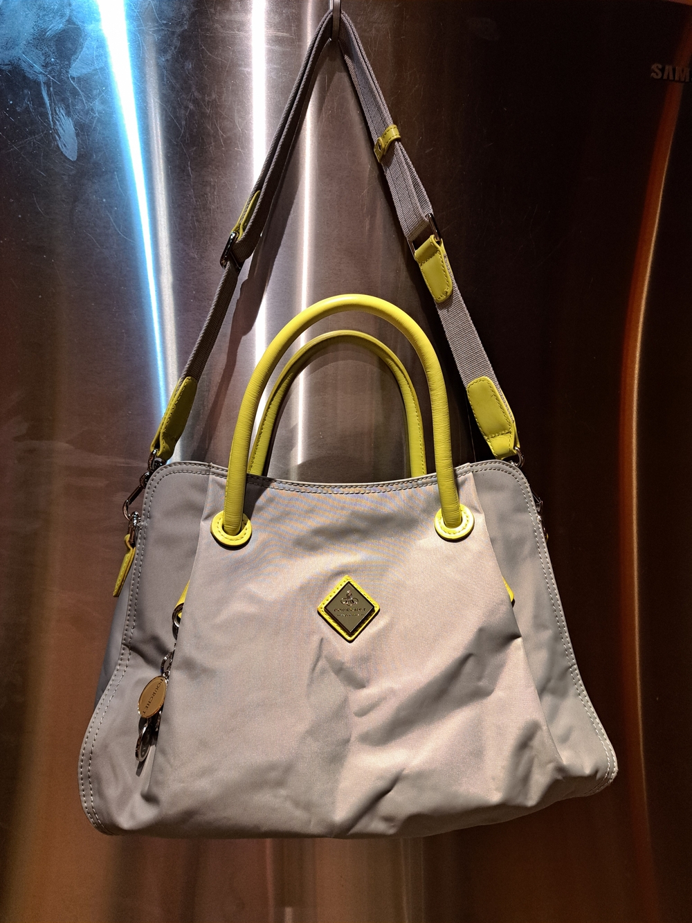 Gray and Yellow Women's Shoulder Bag with Top Handles